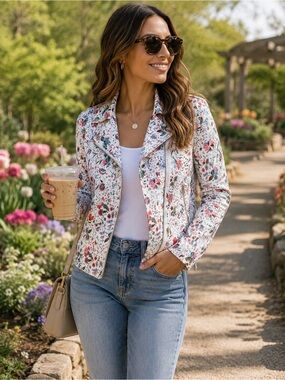 GAP Floral Moto Jacket XS White Pink Blue Cotton Stretch Biker